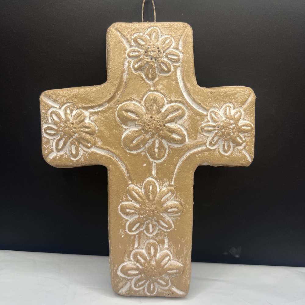Handcrafted Clay Wall Cross Mexican Folk Art Flowers Rustic Cafe Beige 7.5 Inch